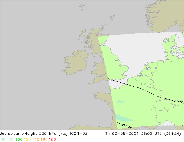 Jet stream/Height 300 hPa ICON-D2 Th 02.05.2024 06 UTC