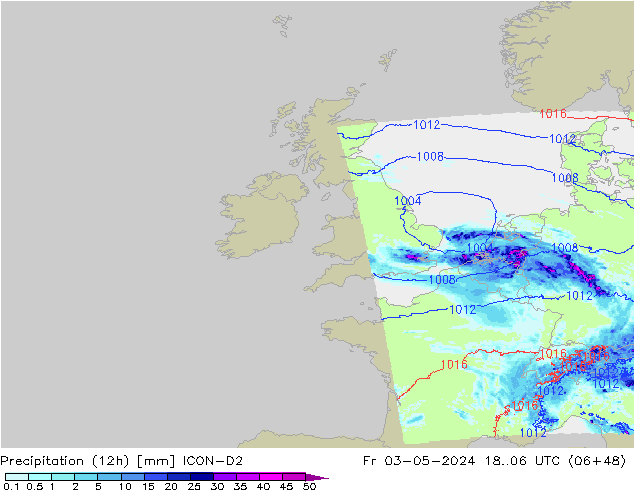 Précipitation (12h) ICON-D2 ven 03.05.2024 06 UTC