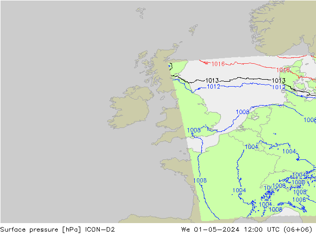 Pressione al suolo ICON-D2 mer 01.05.2024 12 UTC