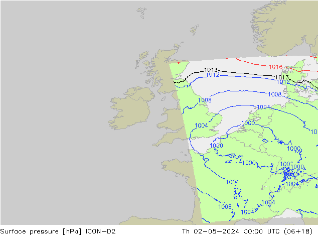 Surface pressure ICON-D2 Th 02.05.2024 00 UTC