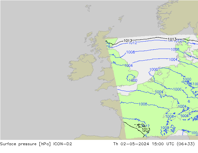 Surface pressure ICON-D2 Th 02.05.2024 15 UTC