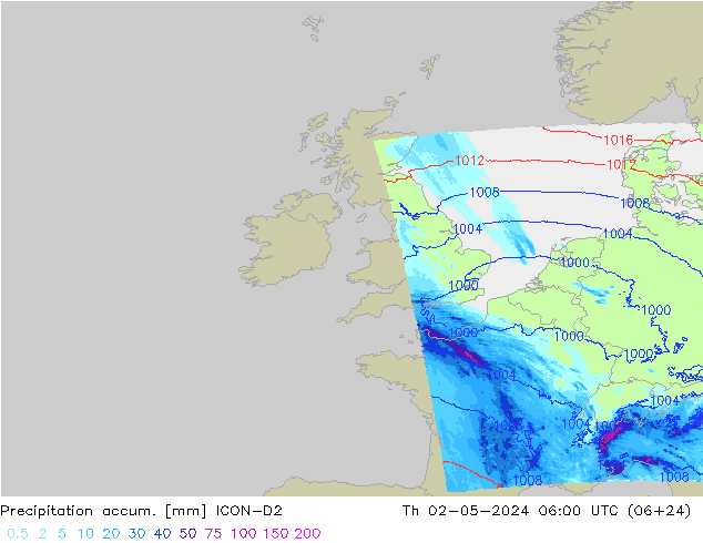 Precipitation accum. ICON-D2 Th 02.05.2024 06 UTC