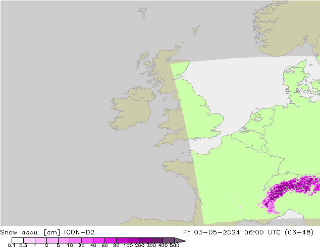 Snow accu. ICON-D2 Fr 03.05.2024 06 UTC