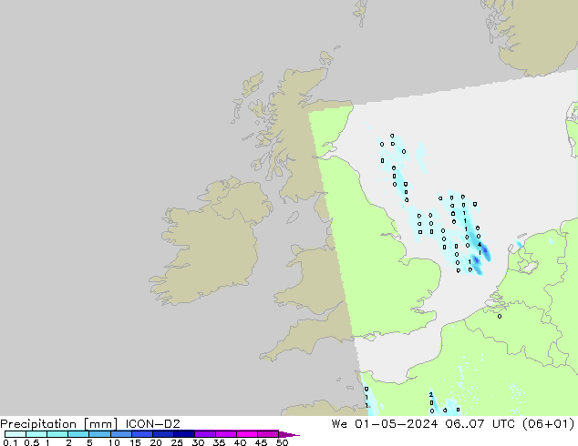 Precipitation ICON-D2 We 01.05.2024 07 UTC