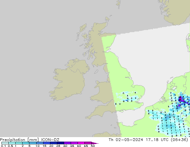 Srážky ICON-D2 Čt 02.05.2024 18 UTC