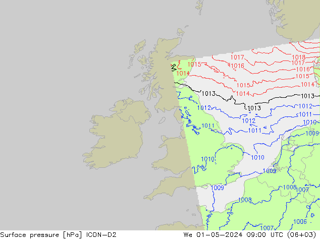 Presión superficial ICON-D2 mié 01.05.2024 09 UTC