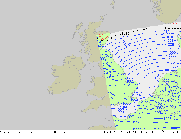 Surface pressure ICON-D2 Th 02.05.2024 18 UTC