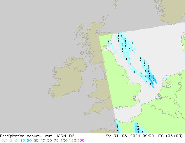 Precipitation accum. ICON-D2 We 01.05.2024 09 UTC