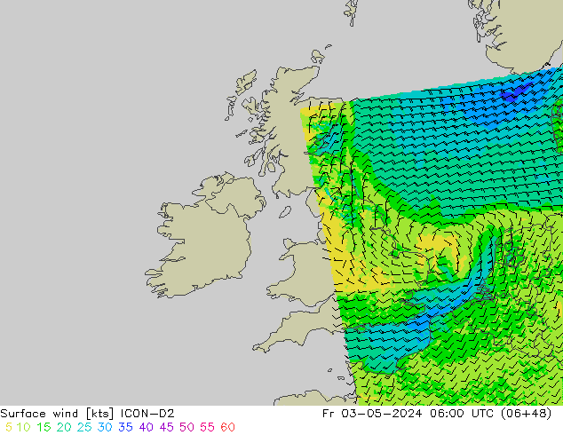 Surface wind ICON-D2 Fr 03.05.2024 06 UTC