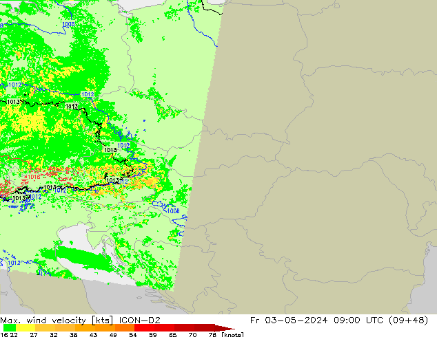 Max. wind velocity ICON-D2 ven 03.05.2024 09 UTC