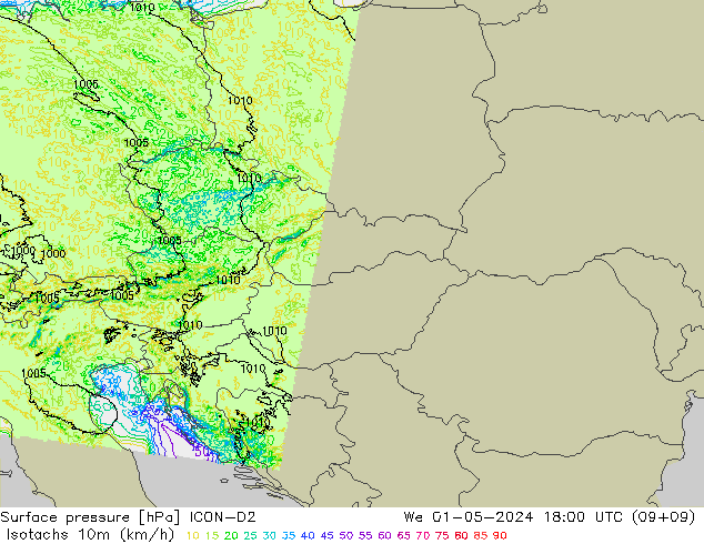 Isotaca (kph) ICON-D2 mié 01.05.2024 18 UTC