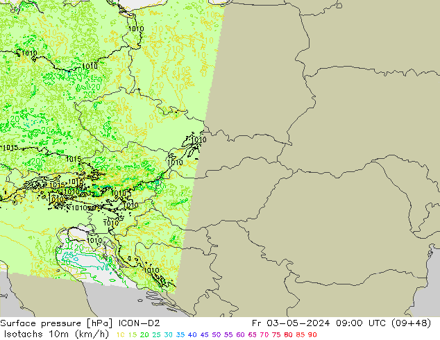 Isotachs (kph) ICON-D2 пт 03.05.2024 09 UTC