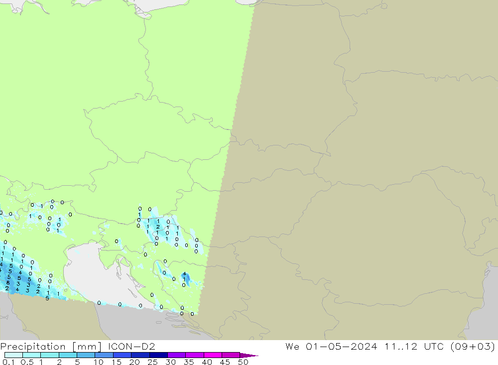 Srážky ICON-D2 St 01.05.2024 12 UTC