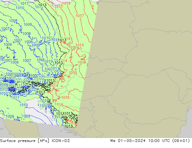 Surface pressure ICON-D2 We 01.05.2024 10 UTC