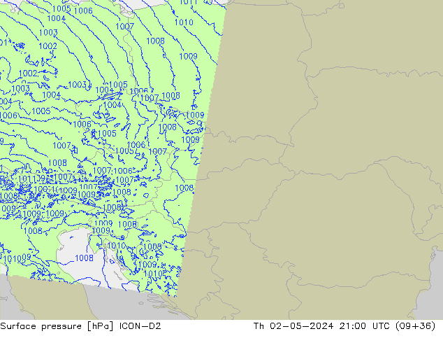 Pressione al suolo ICON-D2 gio 02.05.2024 21 UTC