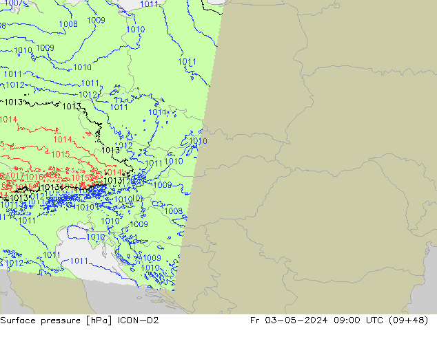 Presión superficial ICON-D2 vie 03.05.2024 09 UTC