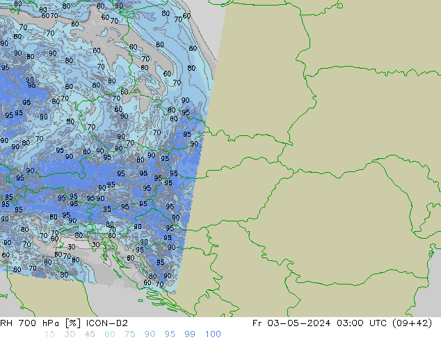 Humedad rel. 700hPa ICON-D2 vie 03.05.2024 03 UTC