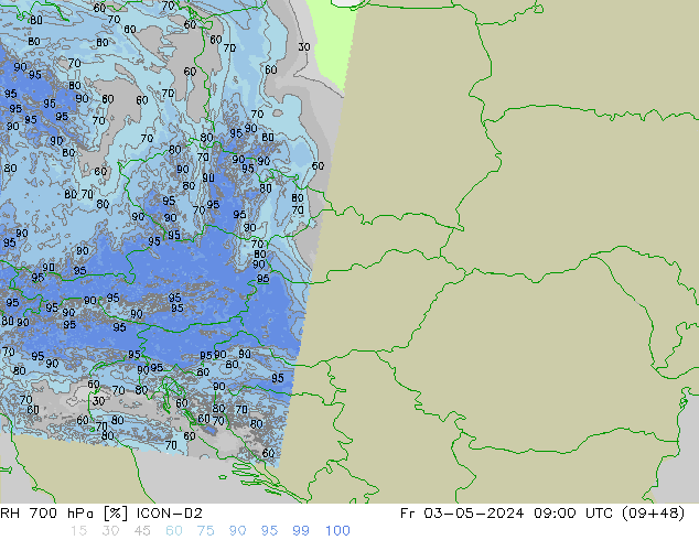 RH 700 гПа ICON-D2 пт 03.05.2024 09 UTC