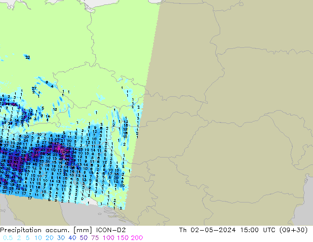 Precipitation accum. ICON-D2 Th 02.05.2024 15 UTC