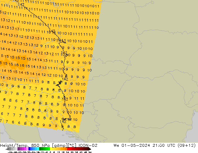 Height/Temp. 850 hPa ICON-D2 St 01.05.2024 21 UTC