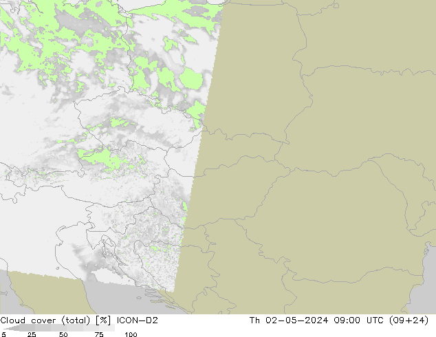 Cloud cover (total) ICON-D2 Th 02.05.2024 09 UTC