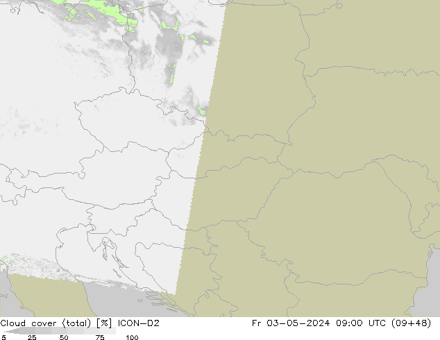 Nubes (total) ICON-D2 vie 03.05.2024 09 UTC