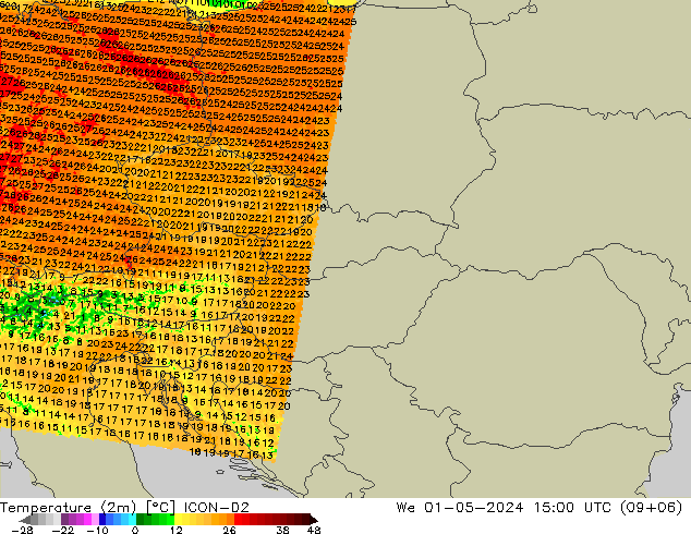 Temperatura (2m) ICON-D2 mer 01.05.2024 15 UTC