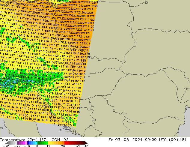 mapa temperatury (2m) ICON-D2 pt. 03.05.2024 09 UTC
