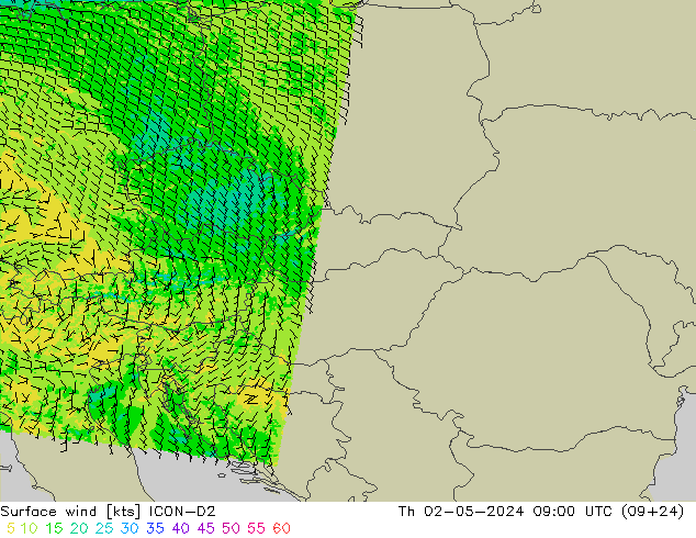 Surface wind ICON-D2 Čt 02.05.2024 09 UTC