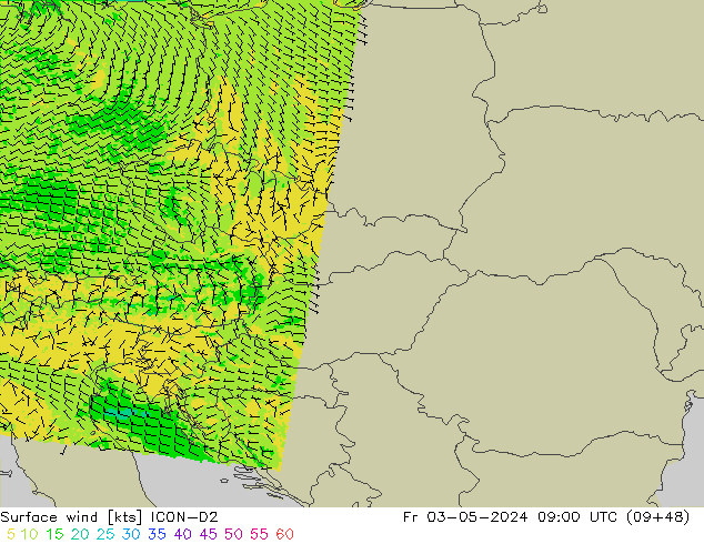 Vento 10 m ICON-D2 Sex 03.05.2024 09 UTC