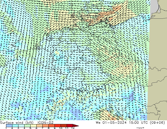 Rüzgar 10 m (bft) ICON-D2 Çar 01.05.2024 15 UTC