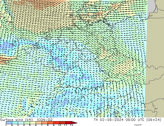 Surface wind (bft) ICON-D2 Th 02.05.2024 09 UTC