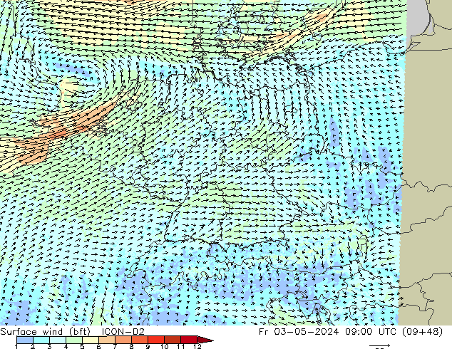 Viento 10 m (bft) ICON-D2 vie 03.05.2024 09 UTC