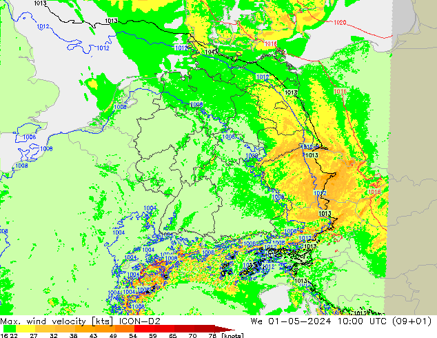 Max. wind velocity ICON-D2 Qua 01.05.2024 10 UTC