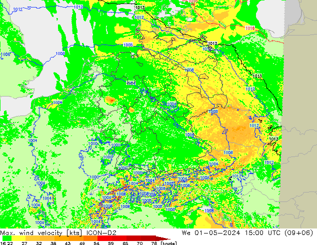 Max. wind velocity ICON-D2 mer 01.05.2024 15 UTC