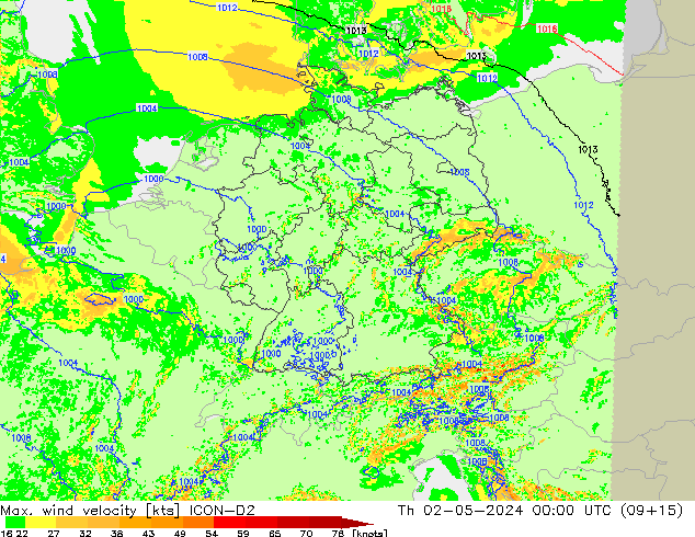 Max. wind velocity ICON-D2 Th 02.05.2024 00 UTC