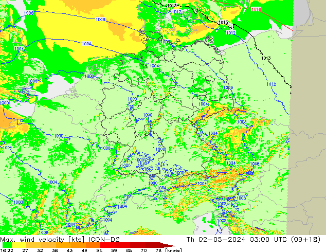 Max. wind velocity ICON-D2 gio 02.05.2024 03 UTC