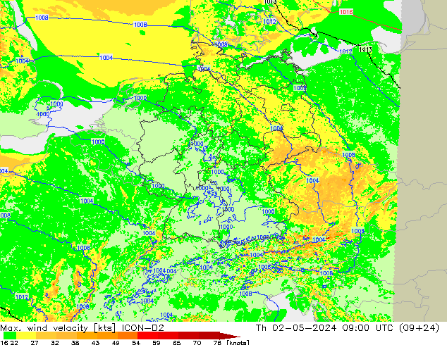 Max. wind velocity ICON-D2 gio 02.05.2024 09 UTC