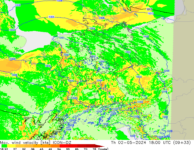 Max. wind velocity ICON-D2 jeu 02.05.2024 18 UTC