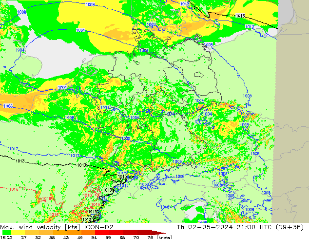 Max. wind velocity ICON-D2 Th 02.05.2024 21 UTC