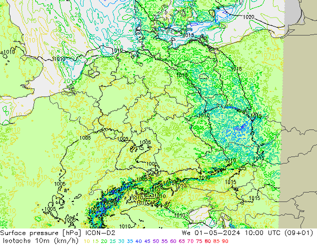 Izotacha (km/godz) ICON-D2 śro. 01.05.2024 10 UTC