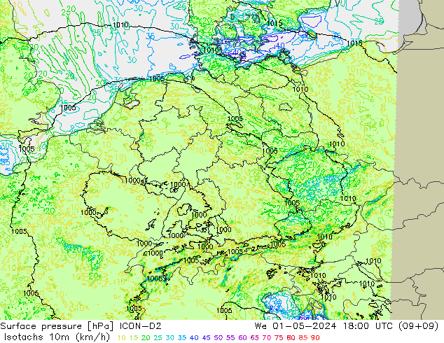 Isotachen (km/h) ICON-D2 Mi 01.05.2024 18 UTC