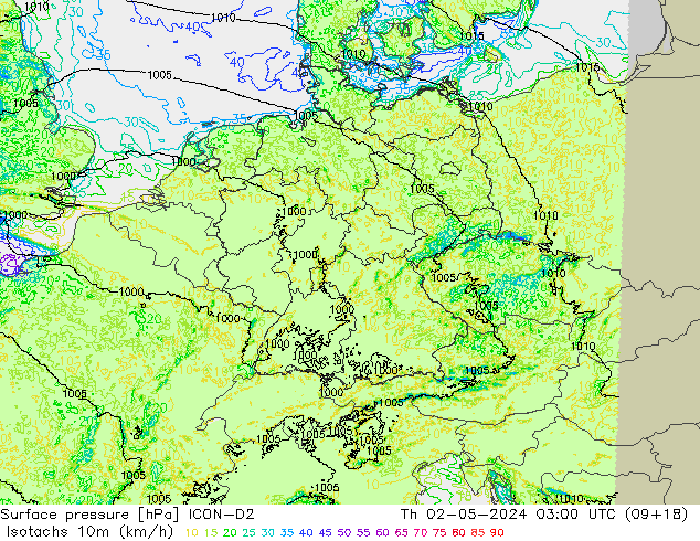 Isotachs (kph) ICON-D2 чт 02.05.2024 03 UTC