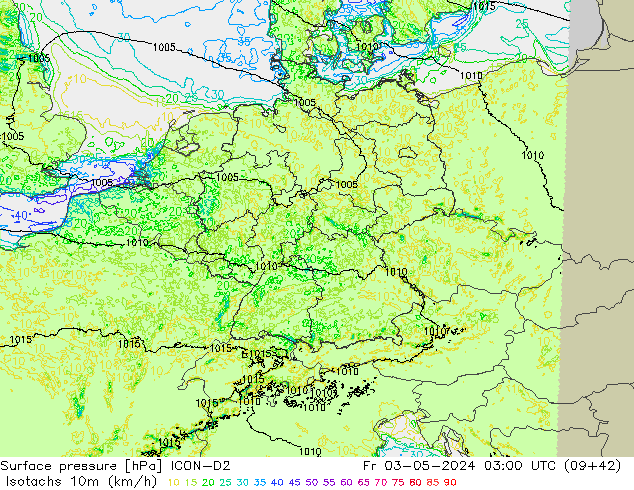 Isotachen (km/h) ICON-D2 vr 03.05.2024 03 UTC