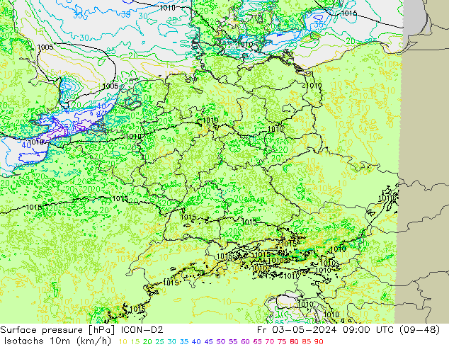 Isotaca (kph) ICON-D2 vie 03.05.2024 09 UTC