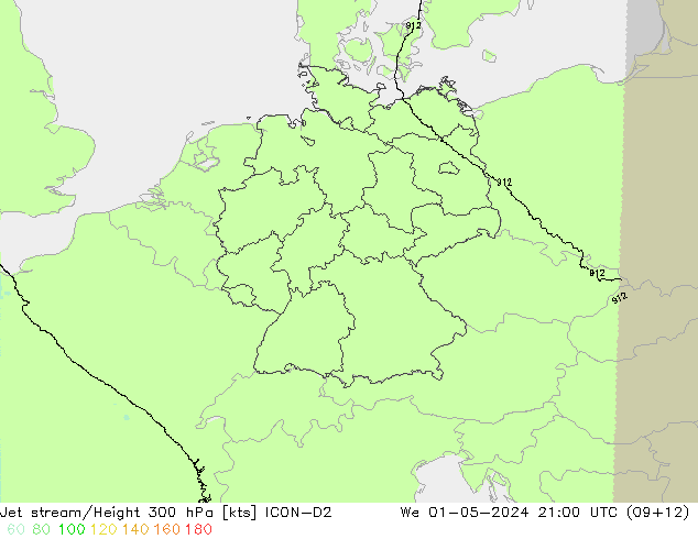 Corriente en chorro ICON-D2 mié 01.05.2024 21 UTC