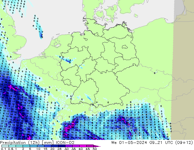 Precipitazione (12h) ICON-D2 mer 01.05.2024 21 UTC