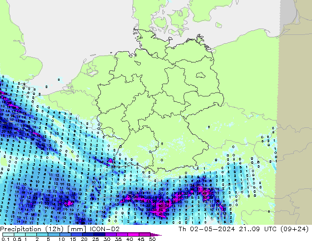 Precipitation (12h) ICON-D2 Th 02.05.2024 09 UTC