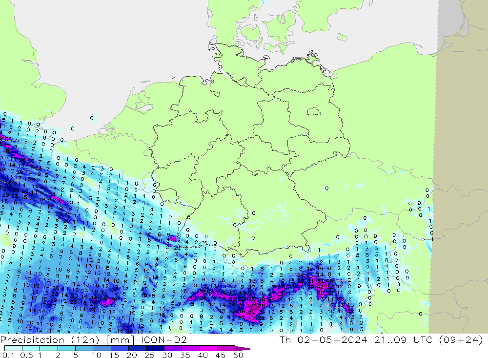 Precipitation (12h) ICON-D2 Th 02.05.2024 09 UTC