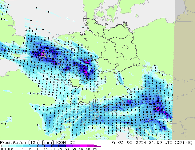 Precipitation (12h) ICON-D2 Fr 03.05.2024 09 UTC